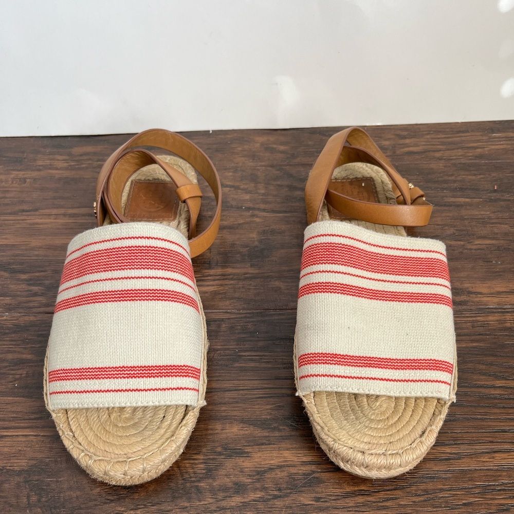 Tory Burch Espadrille Awning Stripe Leather Strap Sandals - Picture 4 of 9